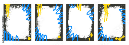 Grunge black frame template. Graffiti spray art layout backgrounds set. Borders with airbrush paint lines. Ink punk decor for photo. Retro texture posters overlay. Vector hip hop wall cadre.