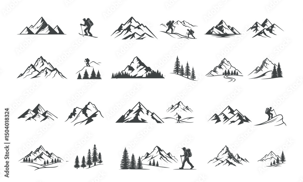 Fototapeta premium Set of mountain icons vector illustration with nature landscape symbols and peaks silhouette