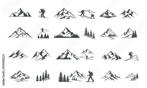 Set of mountain icons vector illustration with nature landscape symbols and peaks silhouette