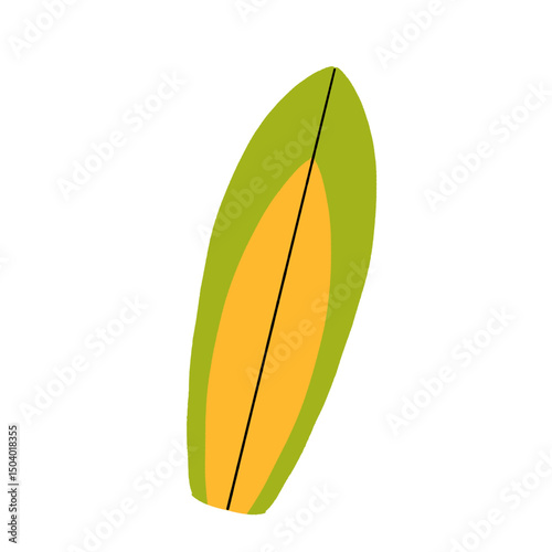 Surfboard vector illustration in tropical design. Surfing board or surfboard clip art. Hello summer concept. Summer element. Cartoon flat vector isolated on white background.