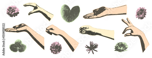 Photocopy effect female hands holding chrysanthemums flowers collage set. Cutout opened arms palm with plants. Pieces of retro newspaper elements. Vector retro illustration isolated.
