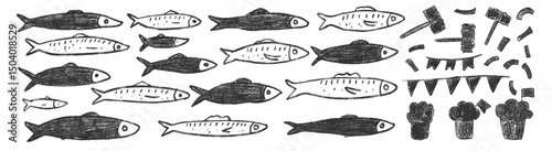 Fishes doodle set. Sardines hand drawn marker shapes. Santos populares festival set. Manjerico,hammer and fishes vector hand drawn Portugal traditional party elements.