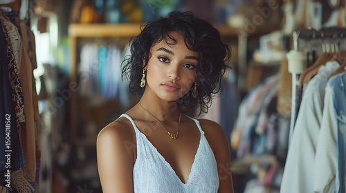 Young Hispanic female business owner in a clothes shop, portrait