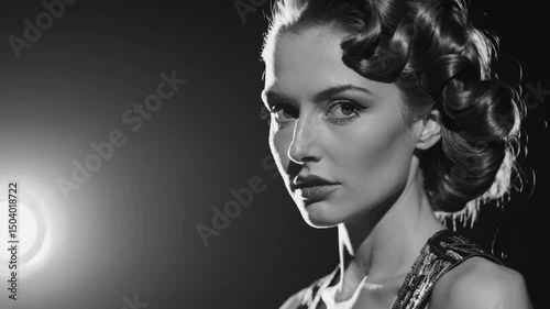 glamorous woman sits motionless in soft spotlight, framed by shadows in the style of classic Hollywood noir. 