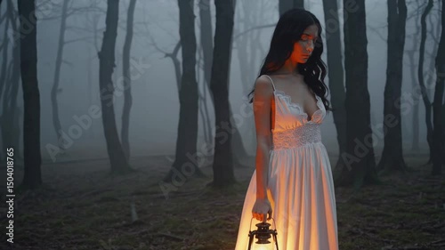  woman in a flowing white nightgown walks motionless through a mist-filled forest, holding a flickering lantern in one hand.