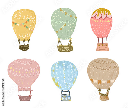 Set of Cute colorful pastel color scandinavian nordic boho bohemian hot air balloons with bunting flag doodle kids crayon watercolor illustration air transportation design clipart vector sticker
