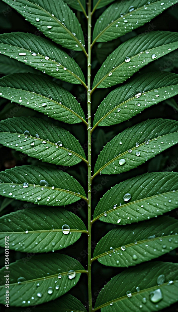 Fototapeta premium Closeup of Lush Green Leaves with Dew Drops