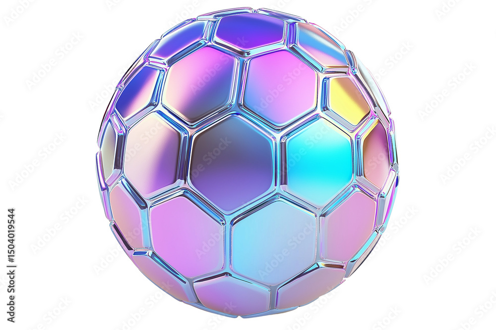 Fototapeta premium A futuristic, holographic 3D icon of a soccer ball, featuring smooth, reflective surfaces and a hexagonal pattern, isolated on white background. Perfect for sports, soccer, and technology themes