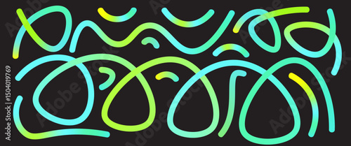 Colorful gradient loop and squiggle lines set. Wavy abstract long shapes collection. Decorative acid colors doodles. Vector swirls. Carnival gradations strokes background. Creative whimsical path..