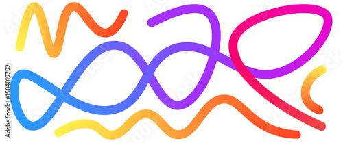 Colorful gradient uneven lines set. Wavy zigzag abstract shapes collection. Decorative loop doodles. Iridescent curved spirals. Vector carnival gradations strokes. Creative whimsical random path.