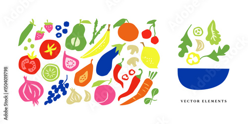 Assorted fruits and vegetables, organic vector illustration in flat minimal style