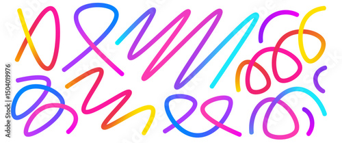 Colorful gradient uneven lines set. Wavy zigzag abstract shapes collection. Decorative loop doodles. Iridescent curved spirals. Vector carnival gradations strokes. Creative whimsical random path.
