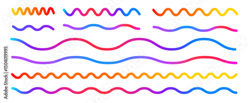 Colorful gradient wavy lines set. Scallop zigzag abstract shapes collection. Decorative doodles. Vector gradations strokes. Creative long straight path isolated on white background.