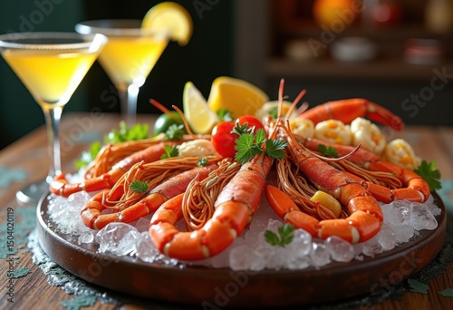 Wallpaper Mural vibrant seafood platter ice colorful display fresh shellfish shrimp fish crustaceans garnished martini glasses zesty citrus slices, presentation, crab, lobster, clam Torontodigital.ca