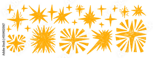 Sparkle stars scribble set. Space shine shapes and blings doodle pack. Comets and blinking on night sky. Vector hand drawn by yellow pencil or pastel illustration isolated on white background.
