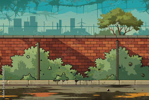 Urban Brick Wall with Graffiti and Overgrown Shrubs - Digital Illustration