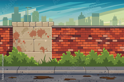 Urban Brick Wall with Graffiti and Overgrown Shrubs - Digital Illustration