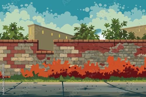 Urban Brick Wall with Graffiti and Overgrown Shrubs - Digital Illustration