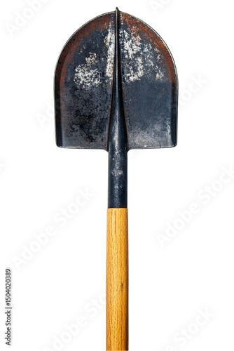Rustic weathered metal shovel with wooden handle gardening tool old dig on transparent background