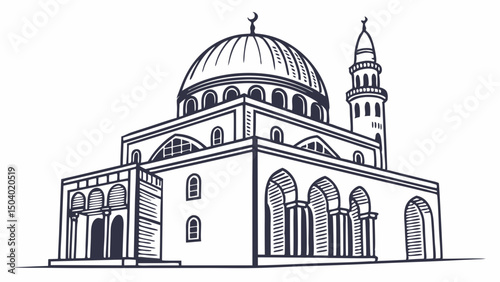 Illustration of a mosque with a dome and minaret in black and white line art style showing architecture created with generated ai