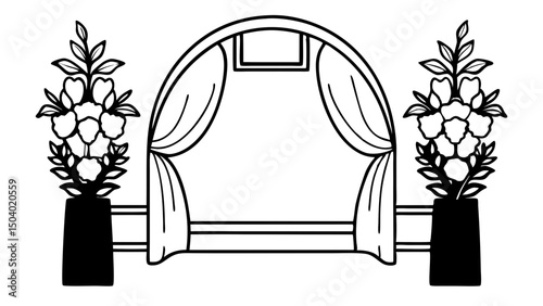 Elegant wedding arch with draped curtains and floral arrangements in vases on either side illustration created with generated ai