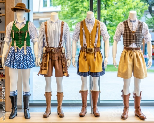 Bavarian Fashion Display, Traditional attire with intricate patterns, showcasing craftsmanship of lederhosen and dirndls in vibrant colors