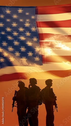 Silhouetted soldiers standing guard with the national flag waving in the golden sky, symbolizing service and patriotic duty during sunset.