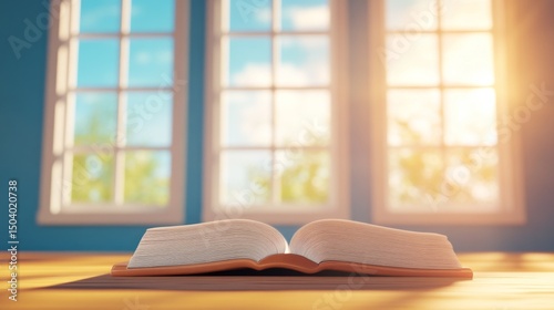 Bible on church pew, sunlight streaming through stained glass, creating a serene and contemplative atmosphere in a sacred space