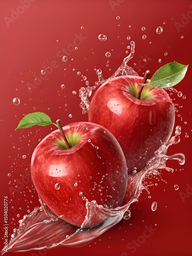 Red Apples with Water Droplets on Red Background