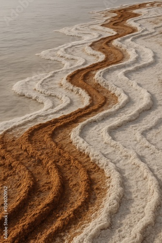Intricate salt and mud patterns on shoreline of the dead sea