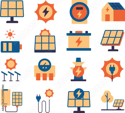 Solar Technology illustration set. Includes of solar energy, solar panel, renewable energy, green energy, sustainability, eco energy, sun power, and More. Vector flat color collection