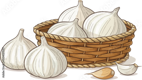 Garlic Cloves in Rustic Basket White Background, Garlic in basket, in white background vector design
