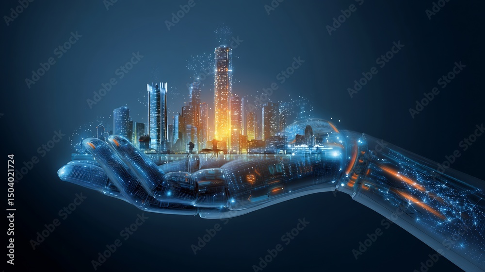 Fototapeta premium Futuristic city held in a robotic hand.