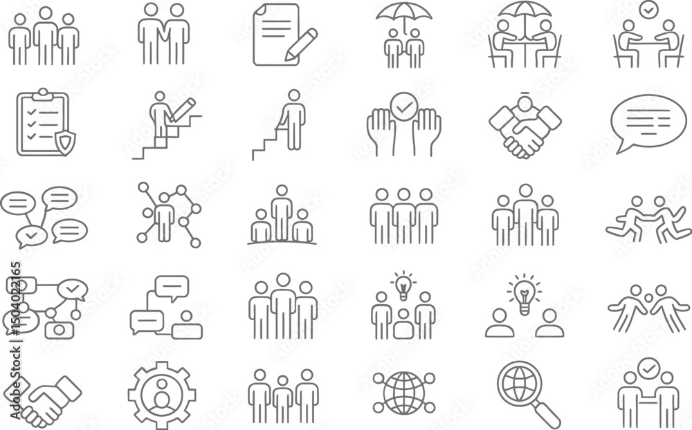 Collection of line art icons depicting business teamwork collaboration and agreement concepts Collection of line art icons depicting business teamwork collaboration and agreement concepts