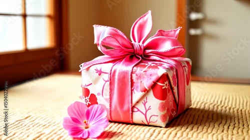 Gift box beautifully wrapped with pink ribbon and floral design placed next to a pink flower in a serene setting