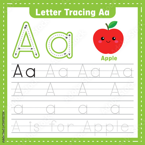 Letter Tracing A Worksheet with Formation Guide and Sentence Practice of A for Apple