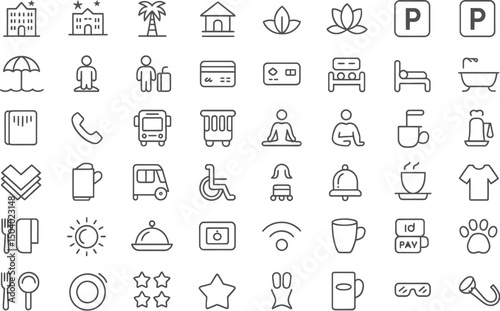 Collection of minimalist travel and vacation icons for tourism and hospitality themes