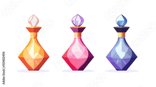 Three Pixel Art Diamond Shaped Potion Bottles in Yellow Red and Blue with Crystal Tops on a White Background
