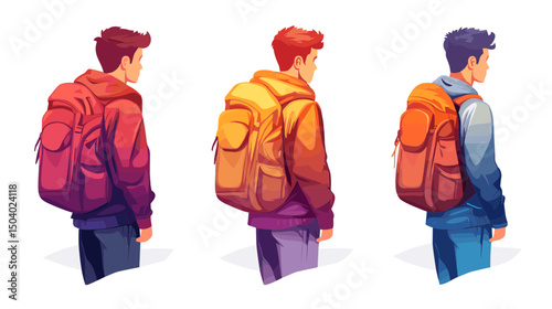 Three Pixel Art Style Men with Backpacks in Different Colors Isolated on White Background