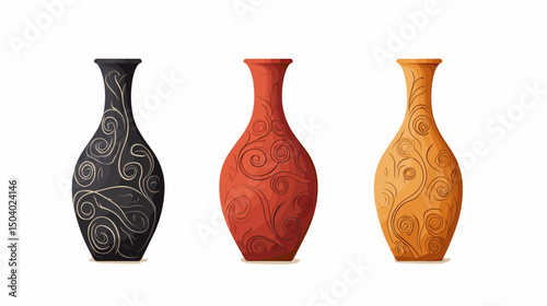 Three Pixel Art Vases in Black Red and Orange with Ornate Patterns on White Background