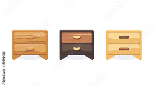 Three Pixel Art Style Two Drawer Wooden Dressers in Varied Shades of Brown on a White Background