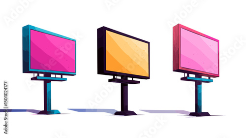 Three Pixel Style Billboards in Pink Gold and Turquoise Colors Stand Against White Background for Advertising Campaigns