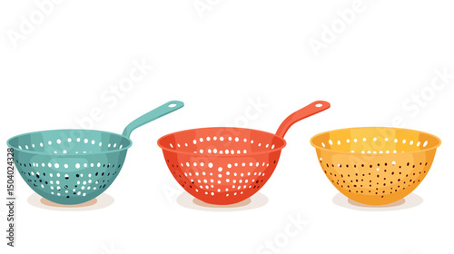 Three Plastic Colanders in Varied Colors with Pixel Art Style on a White Background