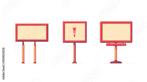 Three Red Framed Billboard Signs with Blank Space for Advertising Isolated on White Background in Horizontal Layout