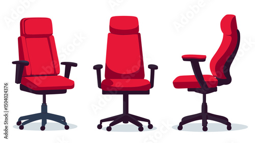 Three Red Office Chairs with Adjustable Armrests on Wheels in Pixel Art Style