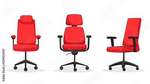Three Red Office Chairs in Different Angles with Adjustable Features and Wheels on a White Background