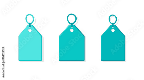 Three Turquoise Price Tags with Strings for Retail Promotions and Product Labeling Isolated on a White Background