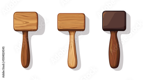 Three Wooden Mallets with Brown Handles Tools for Carpentry in an Array Simple Pixel Art and Isolated on White Background