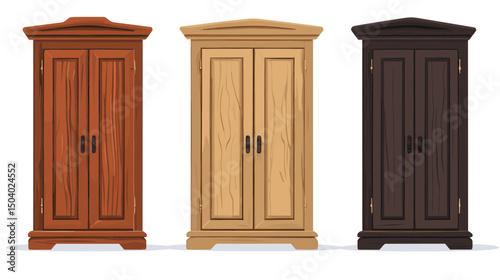 Three Vintage Wooden Wardrobes in Varied Brown Tones for Home Decor and Storage in a White Background