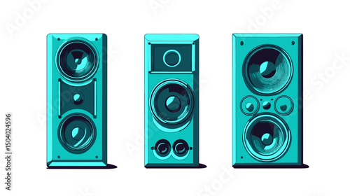 Turquoise Pixel Art Audio Speakers Set Over White Background for Retro Sound System Designs and Digital Audio Equipment Concepts